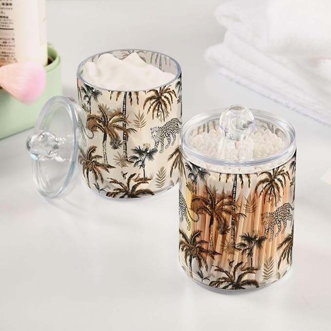 2 Pack Qtip Holder Organizer Dispenser Leopard Palm Trees Bathroom Storage Canister Cotton Ball Holder Container for Cotton Pads/Swabs/Floss