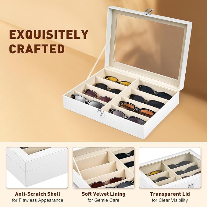 CO-Z Sunglasses Organizer with 8 Slots, Leather Eyeglasses Storage Box for Multiple Glasses, Lockable Display Case for Women Men, Glasses Holder for Watches Jewelry Collection, White