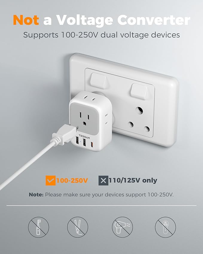 TESSAN South Africa Power Adapter, Type M Plug Adaptor with 4 American Outlets 3 USB Charger (1 USB C Port) for US to Bhutan Botswana Namibia Nepal