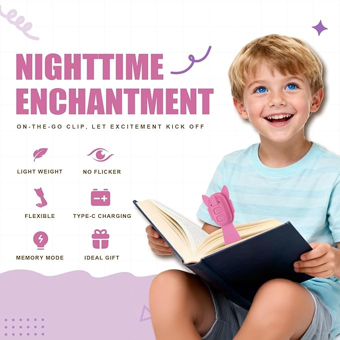 Rechargeable Kids Book Light, Cute Bookmark Reading Light for Kids, Dimmable Portable LED Book Light for Reading in Bed, Eye-Caring Bedtime Reading Lamp for Children & Travel, Pink