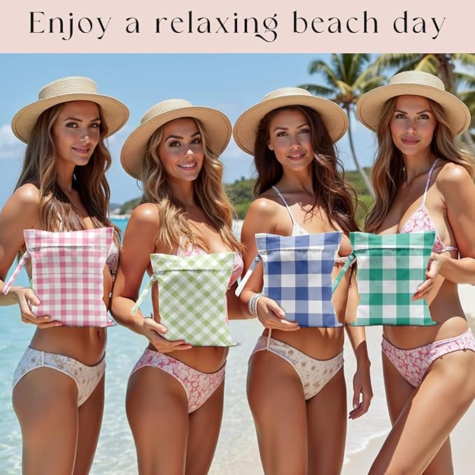 Wet Bag, 4Pcs Wet Dry Bag Set, Reusable Waterproof Bags with Checkered Plaid for Women, Ideal for Beach, Pool, Travel & Daily Essentials Storage
