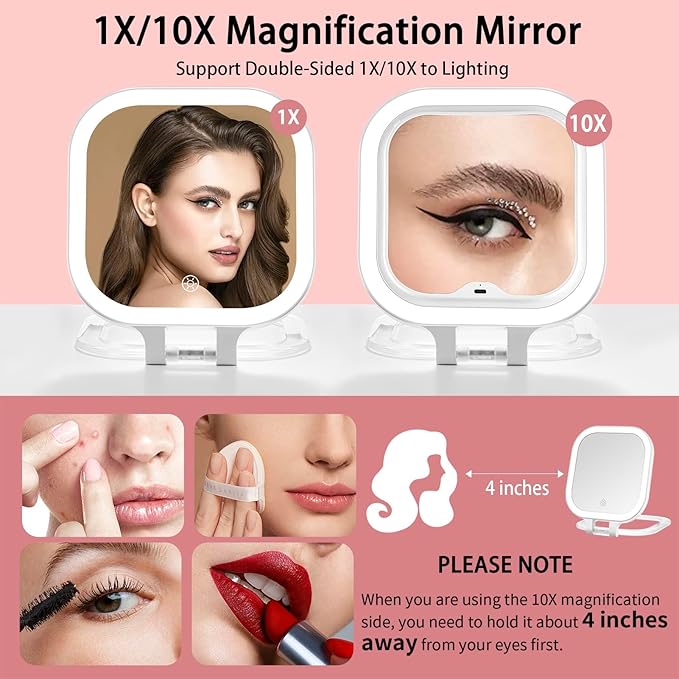 DESCHEN Travel Makeup Mirror with Lights, Rechargeable 1X/10X Magnifying Vanity Mirror, 7" Portable Lighted Makeup Mirror with Magnification & 3 Color Light, Dimmable Touch Screen, Folding LED Mirror