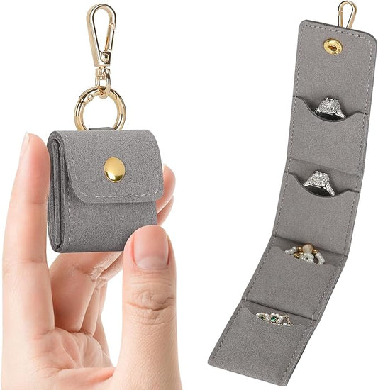 KUKUVR Mini Jewelry Holder Pouch with Keychain, Portable Travel Jewelry Organizer Box for Rings Earrings Necklace Stud, Small Velvet Jewelry Storage Bag for Gym Women (Grey)