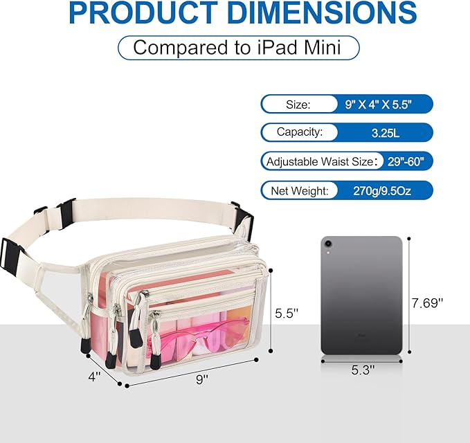 Clear Bag Stadium Approved Clear Fanny Pack for Women for Work,Multi-purpose Waist Bag for Travel & Sporting Event