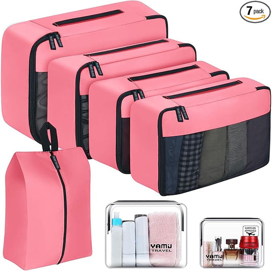 YAMIU Packing Cubes for Suitcases, 7 Pcs luggage organizer bags with Shoe Bag, 2 Waterproof Travel Toiletry Bags, Travel Cubes for Travel Essentials Travel Accessories