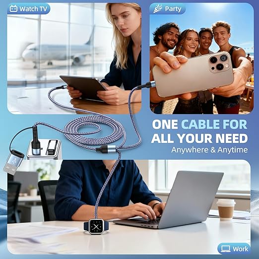 Travel Essentials Multi Charging Cable for iWatch Charger, 3in2 USB C Cable Multiple Charger Cord, USB Cord Car CarPlay Cable Compatible with iWatch Ultra/SE/10-1/iPhone 17-11/Galaxy S25-22, 5FT