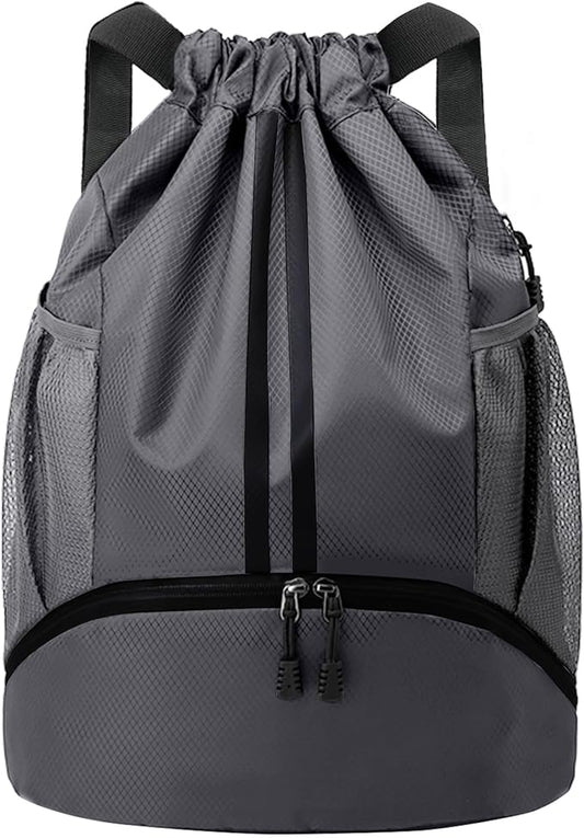 JELUTAR Drawstring Backpack Gym Bag with Shoes Compartment for Soccer, Basketball, Swim, Water-Resistant String Backpack Beach Cinch for Women Men, Dark Grey