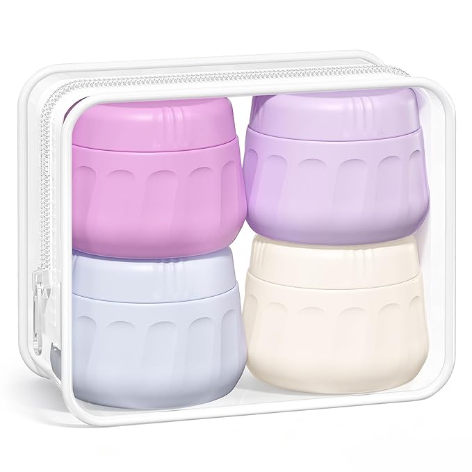 Mrsdry Travel Containers for Toiletries, TSA Approved Travel Size Toiletries 4 Pack, Refillable Containers, With Clear Bag, Leak Proof Silicone Jars, Essentials Creams Jars Carrying Small Items