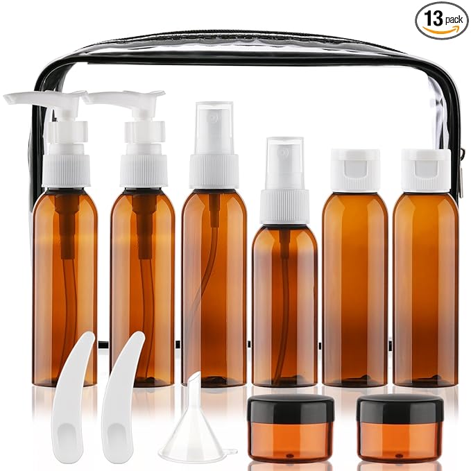 Cosywell Travel Size Bottles for Toiletries 13 Pack TSA Approved Toiletry Bottles Leak Proof Travel Kit for Women Men TSA Clear Toiletry Bag Shampoo Lotion Skincare Cosmetic Container（Brown）