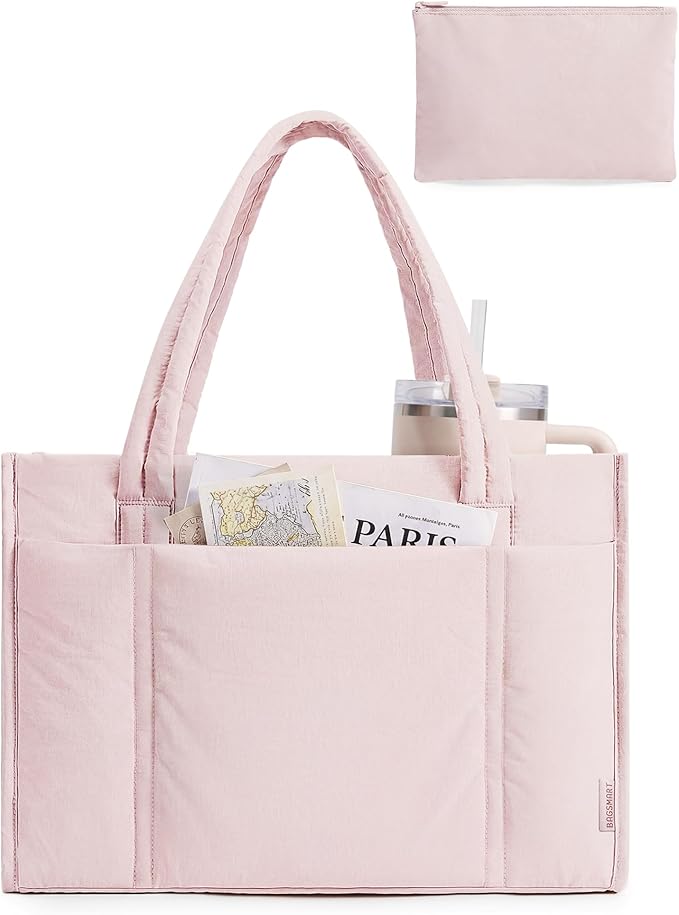 BAGSMART Tote Bag for Women, 2Pc Puffer Tote Bag with Zipper, Quilted Work Tote Teacher Bag Shoulder Handbag | Beach Tote