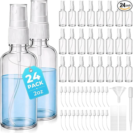 JTIEO 24 Pack 2oz(50ml) Small Glass Spray Bottle, Mini Travel Size, Clear Fine Mist Refillable Bottle for Essential Oils, Perfume & Hair, with Funnel, Pipette, 24 Spray Heads and 48 Waterproof Labels.