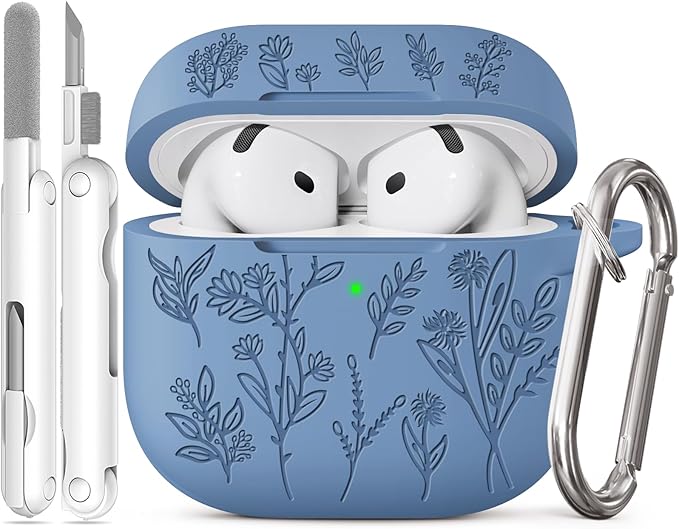 for Airpods 4 Case, Ekoonpft Flower Engraved Cases for Apple AirPods 4th Generation 2024, Soft Silicone Cover for Women Girly with 3-in-1 Cleaning Kit & Keychain, Anti-Scratch, Shockproof