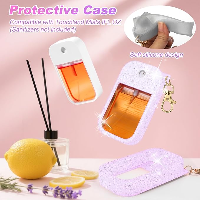 AIERSA Hand Sanitizer Spray Glitter Case Compatible with Touchland, Silicone Hand Sanitizer Case Holder with Keychain for Touch Land Mist 1FL. OZ(Glitter Sequin Purple)