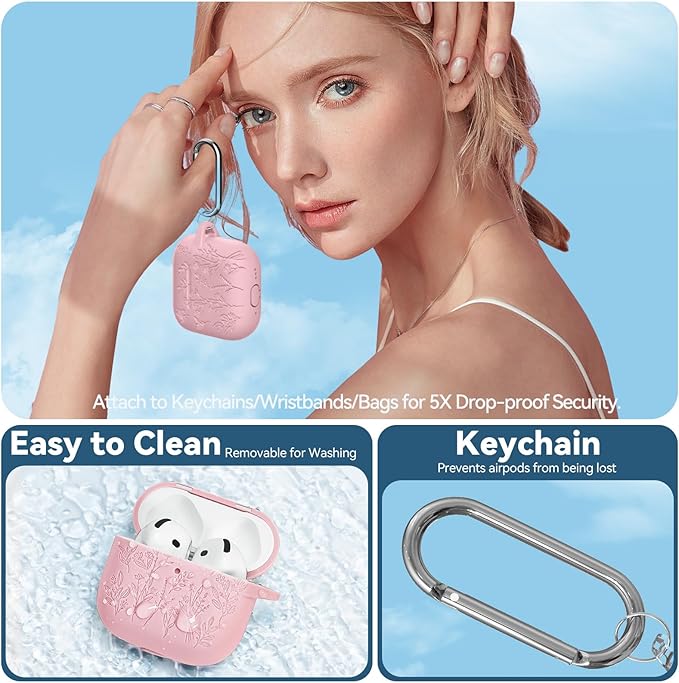 for Airpods 4 Case with Magnetic Lid, Ekoonpft Flower Engraved Cases for Apple AirPods 4th Generation 2024, Soft Silicone Cover for Women Girly with Cleaning Kit & Keychain, Shockproof