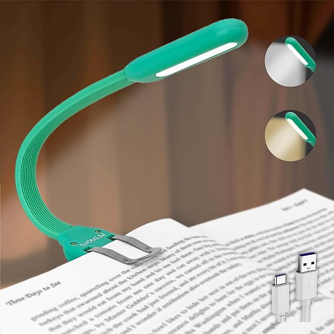 Rechargeable Book Light for Reading in Bed, 4 Color Temperatures Eye-Caring LED, Portable Clip On Reading Light with Magnetic Base, Hands-Free for Travel, Night Reading (Green)