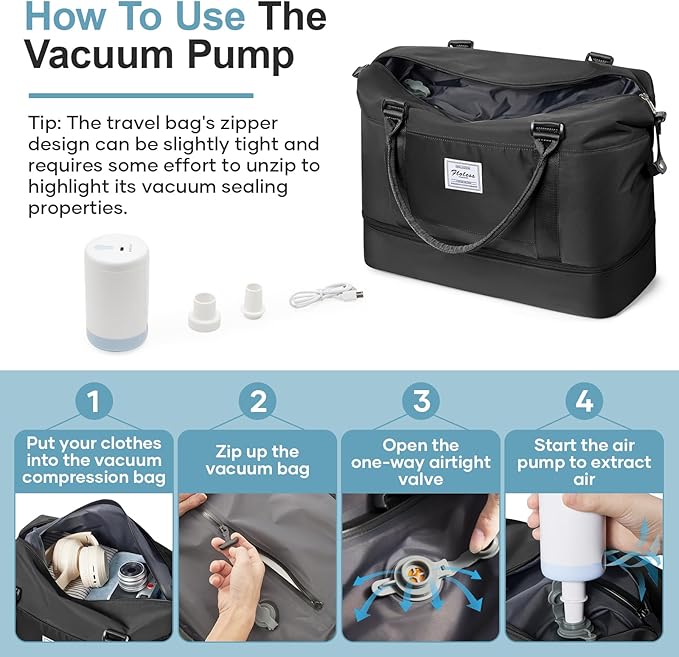 Overnight Weekender Bags for Women,Vacuum Travel Duffel Bag with Air Pump, Personal Item Travel Bag with Shoes Compartment & Compression Pocket,Black