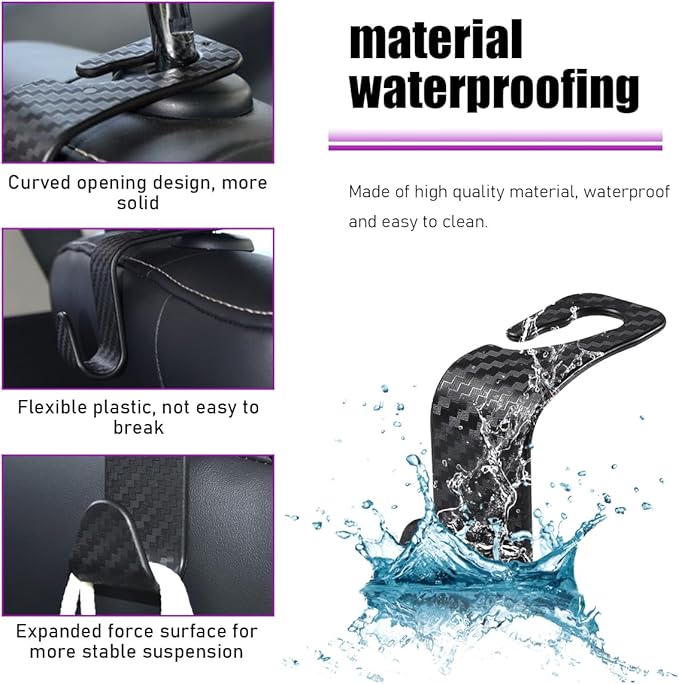 povtii 4 PCS Car Seat Headrest Hooks, Auto Backseat Organizer Hanger Holder, Vehicle Seat Back Storage Hooks for Purse Coat Umbrella Grocery Bag Handbag, Interior Car Accessories (Carbon Fiber)