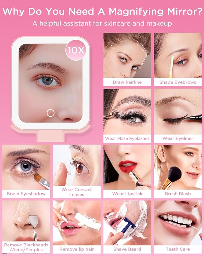 EAONE Magnifying Mirror with LED Light, Double Sided Travel Makeup Mirror 10X/1X with Storage Bag, 3 Color Lighting & Dimmable Touch Screen for Trip, Desk, Bathroom (10.3 x 5.2IN)- Pink