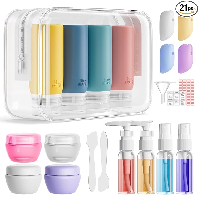 Muslish 21 Pack Travel Bottles for Toiletries, Leak-Proof TSA Compliant Silicone Travel Size Containers for Shampoo and Conditioner, BPA Free with Toiletry Bag (Yellow)
