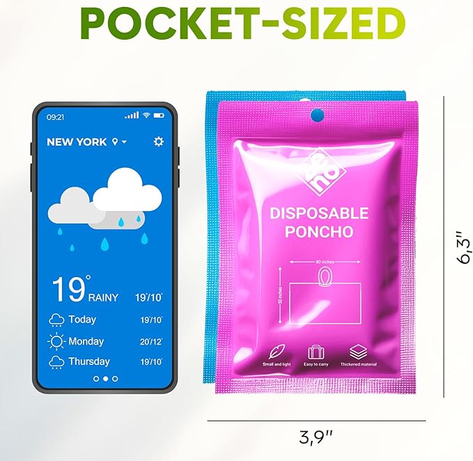 ZENO Disposable Rain Ponchos for Adults - Clear with Hood, Compact Emergency Ponchos for Hiking, Camping, Travel