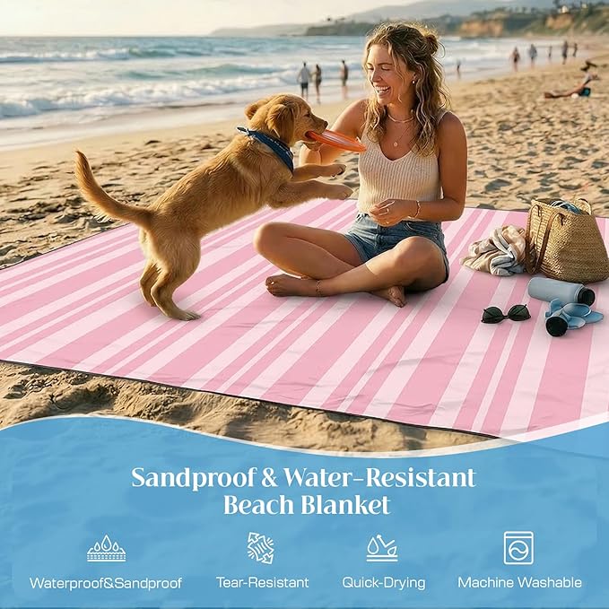 OIGAE Family Beach Blanket, 7×8 ft Sand-Free Picnic Mat for 1–4 People, Quick-Dry Lightweight Outdoor Blanket with Stakes & Corner Pockets, Pink Stripe