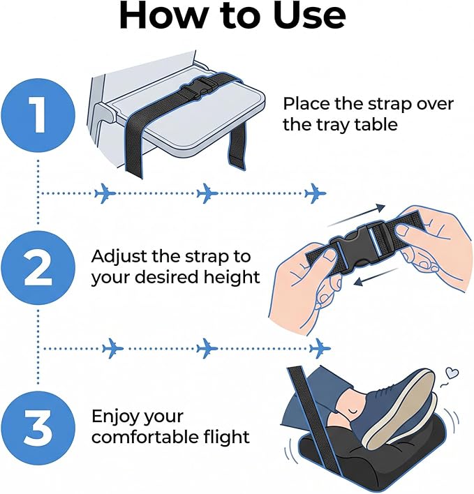 Airplane Foot Rest Hammock, Adjustable Thick Board Foot Support, Portable Travel Footrest for Long Flights, Office Desk & Car Use (Black)