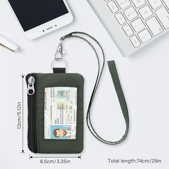 Minimalist RFID Wallet with Lanyard, Multi-Functional ID Case with 2 Zipper Pockets and Key Chain for Men and Women, Tactical Badge Pouch Cards Holder, Coin Purse for Travel Sports - Black&Army