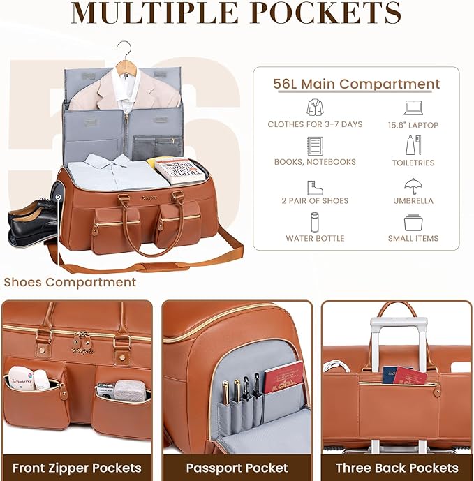 Suit Bag,Vessgra 56L Garment Bags for Travel,2 in 1 Leather Duffle Bags for Men Women, PU Leather Convertible Travel Bag with Shoe Compartment,Work Weekender Bussiness Wedding,Reddish Brown
