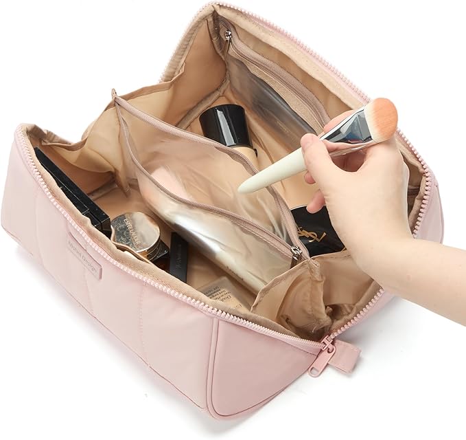 NISHEL Travel Makeup Bag for Women, Fluffy & Lightweight Open Flat Cosmetic Organizer with Multiple Functional Divider for Brush Independent Storage, Handle for Easy Portability, Large, Pink
