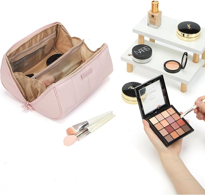 NISHEL Travel Makeup Bag for Women, Fluffy & Lightweight Open Flat Cosmetic Organizer with Multiple Functional Divider for Brush Independent Storage, Handle for Easy Portability, Large, Pink