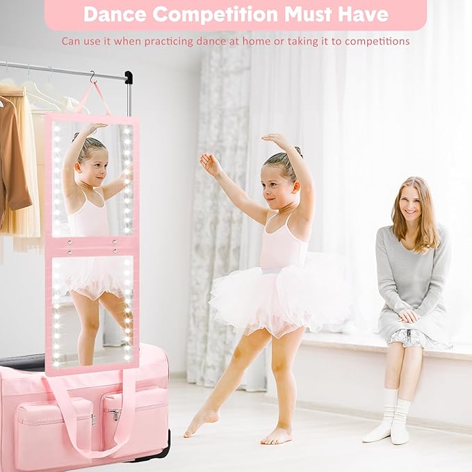 Fabuday Lighted Hanging Mirror for Dance Backstage - Rechargeable Folding LED Full Length Mirror with Lights for Dancers, Portable Foldable Travel Body Mirrors, Brightness Adjustable, Pink