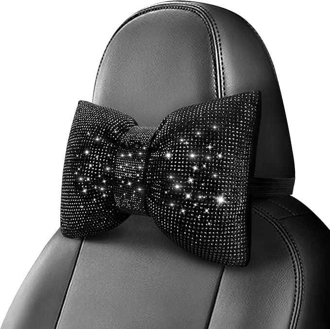 surpassme 2PCS Rhinestone Car Headrest Neck Pillow for Driving with Bling Bling Crystal Bow Pillow Car Accessories for Women (Black)
