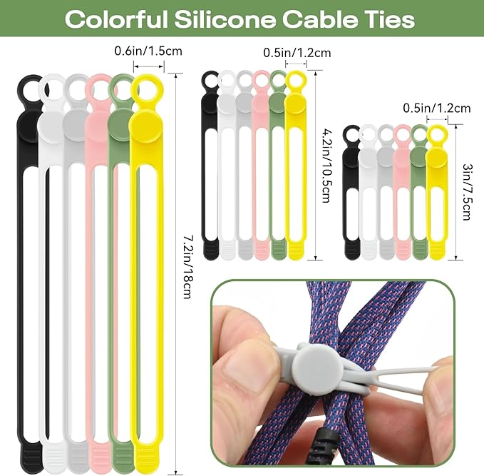 Silicone Cable Ties Reusable, 3Sizes Elastic Wire Ties for Bundling and Organization Cables, 6Colors Multipurpose Cable Straps, Cord Organizer for Appliances and Fastening Electrical Cords