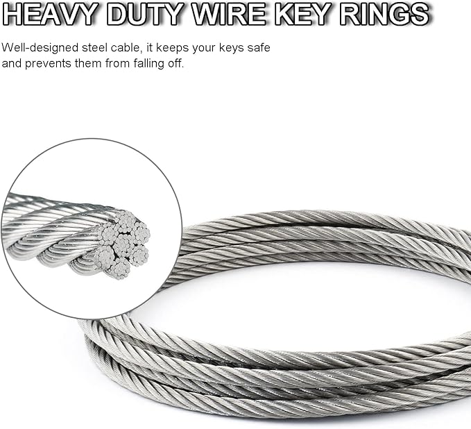 CooBigo 25 Pack Wire Key Ring Large Cable Key Chain Rings 6" Metal Keychain Keyring Loop Bulk for Outdoor Luggage Tags(THICK: 2MM)
