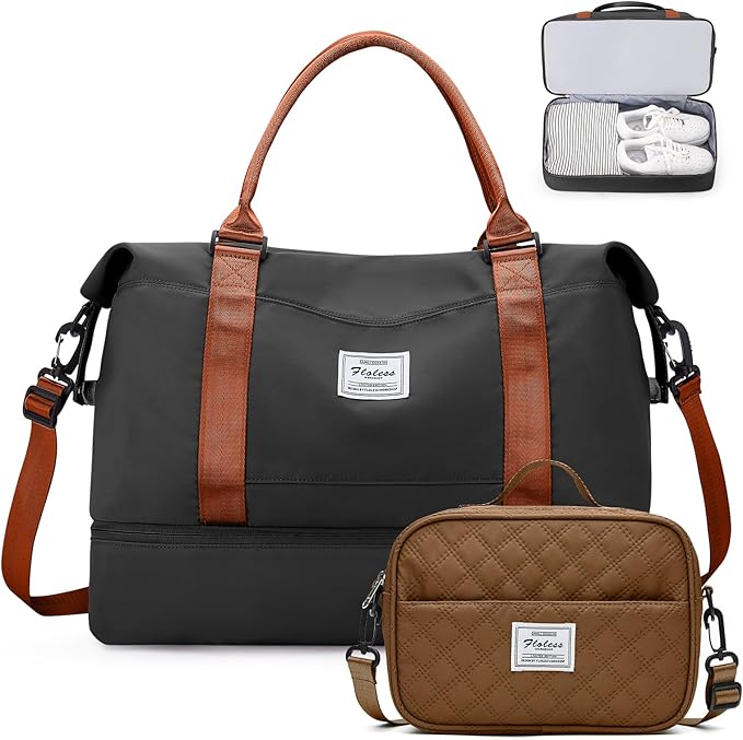 Weekender Bags for Women,Personal Item Travel Bag with Shoes Compartment,Overnight Travel Duffel Bag with Grid Toiletry Bag,Black & Brown