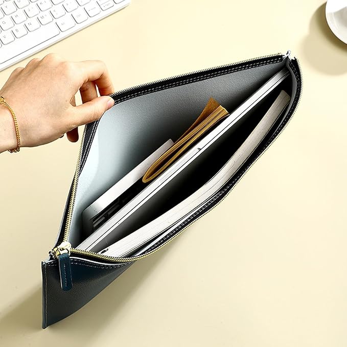 PU Leather A4 File Folder Zipper Document Holder Envelope Folder Case for Receipt Contract (Black)