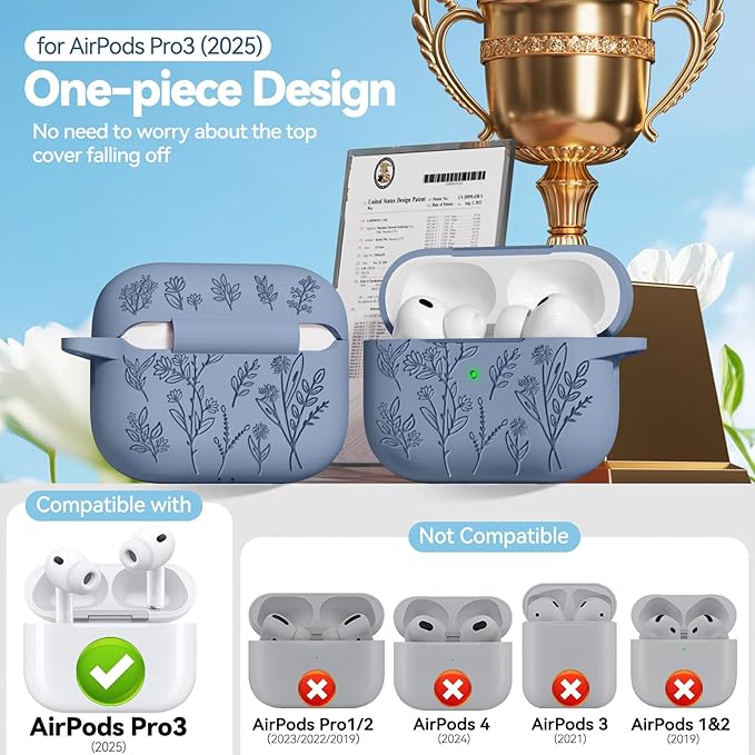 Ekoonpft for Airpods Pro 3 Case, Flower Engraved Cases for Apple AirPods Pro 3rd Generation 2025, Soft Silicone Cover for Men Women Girly with Cleaning Kit & Keychain, Anti-Scratch, Shockproof