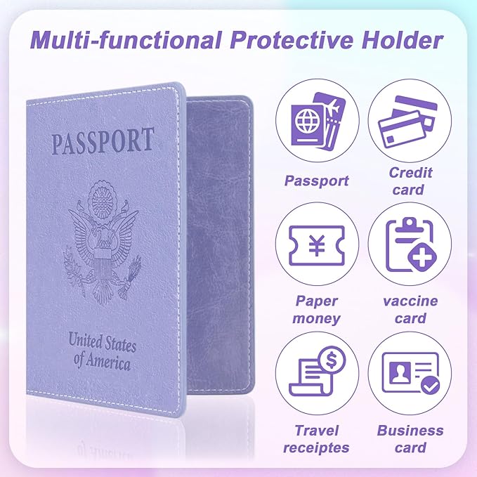 Passport Holder for Travel, 2 PCS Passport Holder, Travel Passport Holders Must Haves for Women Men, Passport Cover Passport Wallet Case Holders for Travels Cruise Ship Essentials, Purple & Lake Blue