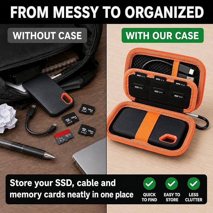 PAIYULE SSD Case for SanDisk Extreme Portable SSD Old & New Model and Extreme PRO,Hard Shell Protective Storage Bag, Fits 1TB 2TB 4TB 8TB External Solid State Drive for Travel (Orange SD Card Pocket)