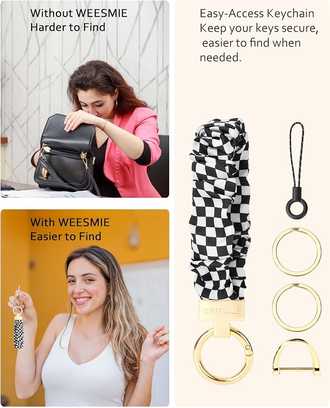 WEESMILE Keychain Wristlet, Stretchy Key Chain for Car Keys with D ring, Cute Scrunchie Wrist Bracelet for Women Men