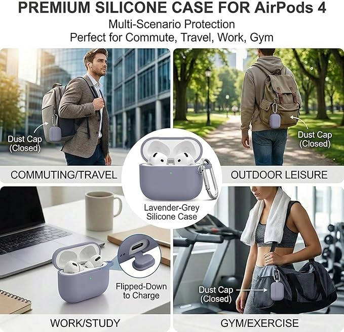 for Airpods 4th Case Cover, Come with Cleaner Kit,Soft Skin Silicone Case Cover with Keychain, Full Protective Case for Men and Women, Compatible with AirPods 4th Generation Case,Grey Blue