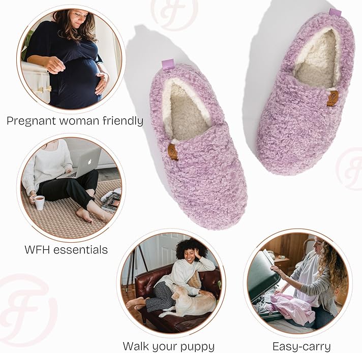 EverFoams Women’s Soft Curly Full Slippers Memory Foam Lightweight House Shoes Cozy Loafer with Polar Fleece Lining