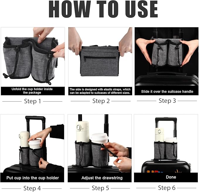 Luggage Cup Holder Travel Essentials Cup Holder, Hands-Free Drink Holder with 2 Coffee Mugs Tightening Drawstring, Accessory for Flying & Travelers - Travel Luggage Accessories by YSCEN (Purple)