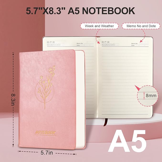 Fetinar Aesthetic Lined Journal Notebook for Women,300 Pages Softcover Leather Lined Journal Notebook,300 Pages Daily Journal, College Ruled Notebook for Work School, Note Taking 5.75'' X 8.38'' Pink