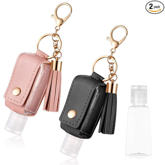 2Pcs Portable Leather Hand Sanitizer Holder, Travel Size Keychain Case Refillable Bottle for Toiletry Lotion Liquid Soap Shampoo (Black, Pink)