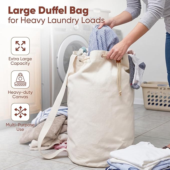 Handy Laundry Canvas Duffel Bag - Drawstring, Leather Closure, Shoulder Strap. (2-PACK)