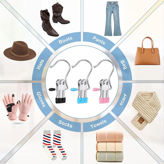 Boot Hangers Clips for Closet, Laundry Hooks Hanging Clips Clothes Pins Boot Holder Clips Space Saving Portable for Travel Tall Boots Socks Towel Jeans Hats (24, Multi)