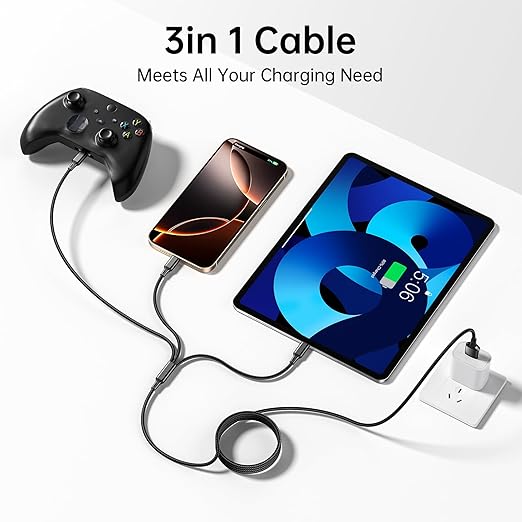 Multi USB Charging Cable 3A, 3 in 1 Fast Charger Cord Connector with Dual Phone/Type C/Micro USB Port Adapter, Compatible with Tablets iPhone 14 13 12 Pro 8 7 Samsung Galaxy (4FT/2Pack Charging Only)