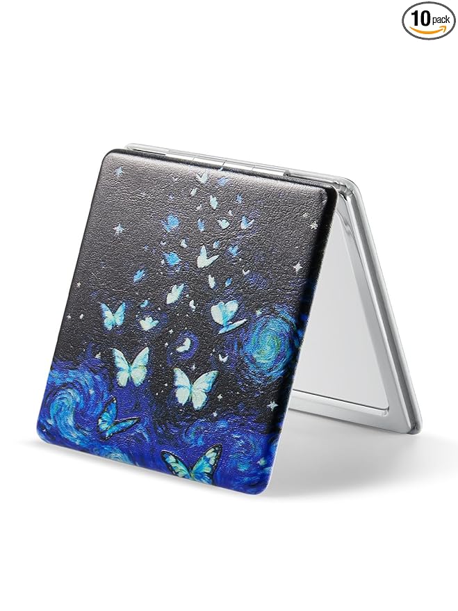 OMIRO 1X/3X Magnifying Mirror, Unique Painting Compact Mirror with Classical PU Leather (Butterfly)