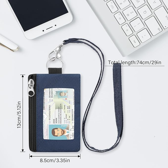Minimalist RFID Wallet with Lanyard, Multi-Functional ID Case with 2 Zipper Pockets and Key Chain for Men and Women, Tactical Badge Pouch Cards Holder, Coin Purse for Travel Sports-DarkBlue